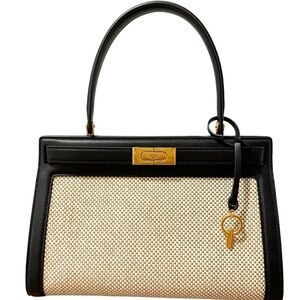Tory Burch Lee Radziwill Leather-Trimmed Canvas Small Satchel, Black/Brown NEW